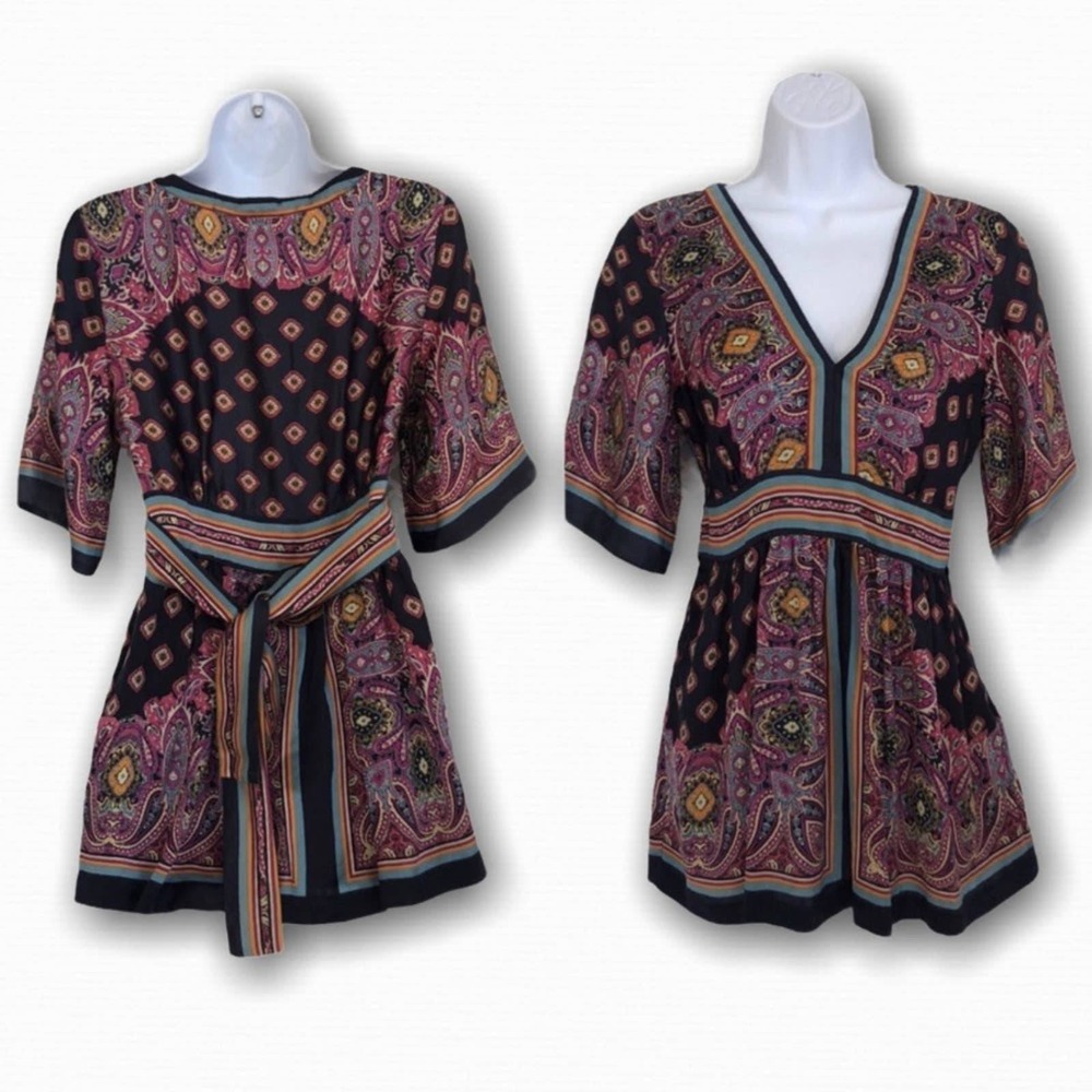 Eci New York bohemian 100% silk babydoll ttunic top with tie back women's Small